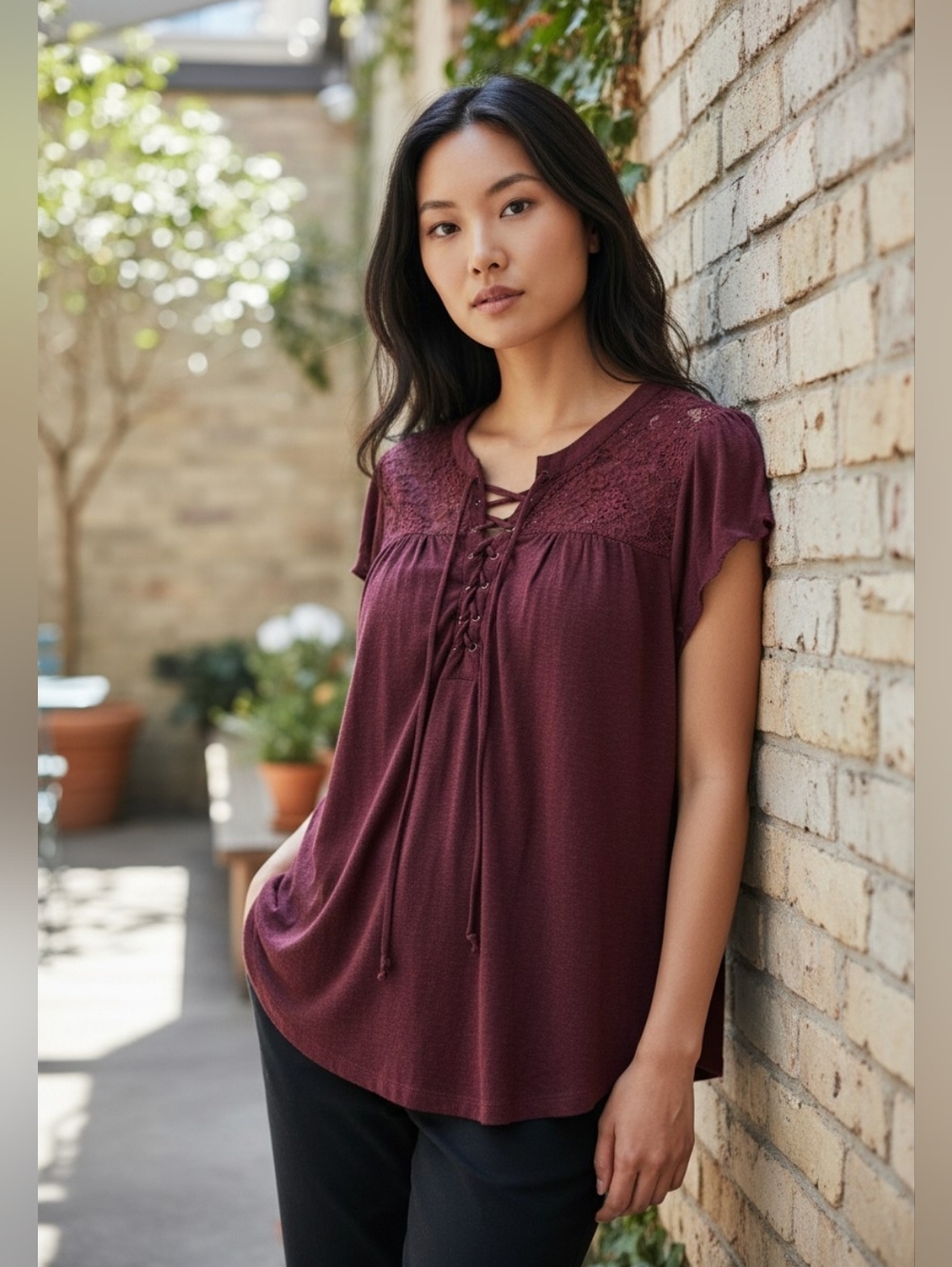 No Boundaries Maroon Lace-Up Blouse